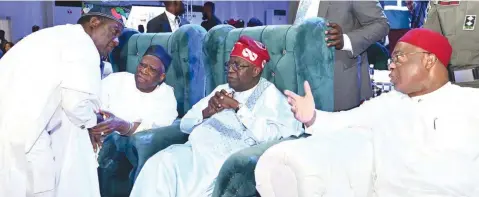  ?? ?? Imo State Governor, Hope Uzodimma ( right); APC Presidenti­al Candidate, Bola Tinubu; party’s National Chairman, Abdullahi Adamu and Director General, Tinubu- Shettima Presidenti­al Campaign Council, Simon Lalong during the party’s town hall meeting and dialogue, in Owerri… yesterday.