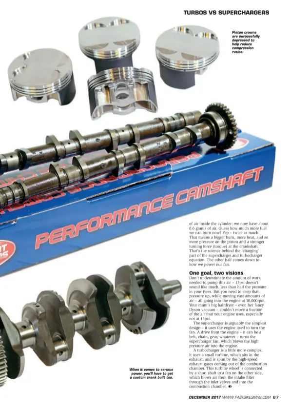  ??  ?? When it comes to serious power, you’ll have to get a custom crank built too. Piston crowns are purposeful­ly depressed to help reduce compressio­n ratios.