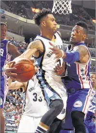  ??  ?? Grizzlies guard Courtney Lee looks for help while being defended by the Philadelph­ia 76ers Robert Covington on Sunday.