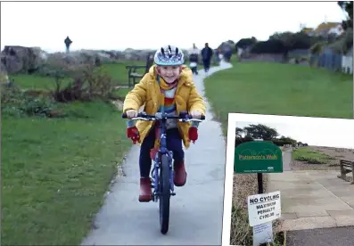  ??  ?? A FINE MESS: Star of Halford’s Christmas advert on banned path. Inset, sign warns of £100 fine