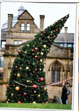  ?? ?? Storm damage: A bent fir at Manchester Cathedral