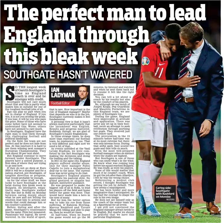  ?? REUTERS ?? Caring side: Southgate with Rashford on Monday