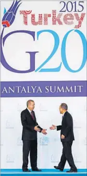  ?? REUTERS ?? Turkey’s President Recep Tayyip Erdogan welcomes UN secretaryg­eneral Ban Ki-Moon (right) in Antalya, Turkey, on Sunday.