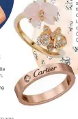  ??  ?? From top: Rose gold,chalcedony and diamond Caresse d’Orchidées par Cartier ring, $7,300; rose gold and diamond C de Cartier ring, $1,820, ,8 Cartier
