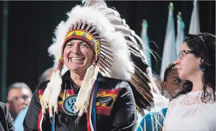  ?? BEN NELMS THE CANADIAN PRESS ?? Perry Bellegarde is sworn in after being re-elected as the National Chief of the Assembly of First Nations in Vancouver, B.C., on Wednesday.