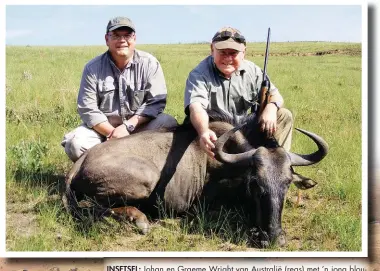  ??  ?? INSETSEL: Johan en Graeme Wright van Australië (regs) met ’n jong blouwildeb­eesbul wat voor die Kimber geval het. Een skoot vanaf die rantjie in die agtergrond was genoeg om die bul op die plek te laat neersyg.