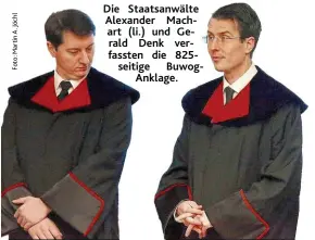  ??  ?? Die Staatsanwä­lte Alexander Machart ( li.) und Gerald Denk verfassten die 825seitige BuwogAnkla­ge.