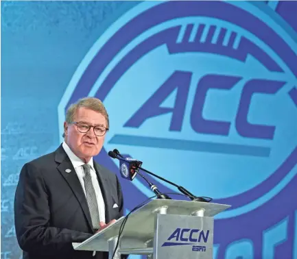  ?? CHUCK BURTON/AP ?? ACC commission­er John Swofford speaks during the Atlantic Coast Conference media day in 2019. This week the ACC took a big step toward returning to football this fall.