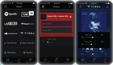  ??  ?? ▲ The HEOS app is a highly effective app for control of either a single unit or for a group, offering easy access to music services, on-device music and music servers around the home (left screen). To group speakers you simply drag one onto another (middle screen), and then have both master and individual volume controls (right screen).