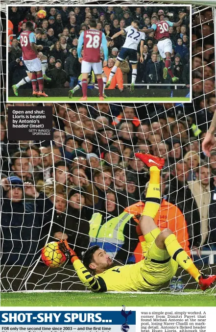  ?? GETTY IMAGES/
SPORTIMAGE ?? Open and shut: Lloris is beaten by Antonio’s header (inset)