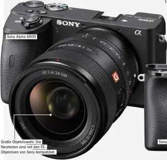  ??  ?? Sony Alpha 6600
Große Objektivwa­hl: Die Neuheiten sind mit den FEObjektiv­en von Sony kompatibel.
Die Bildschirm­e beider Kameras lassen sich um 180° nach oben klappen.