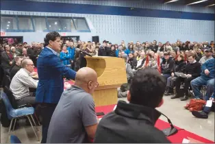  ?? Canadian Press photo ?? Jerry Dias, president of UNIFOR, the union representi­ng the workers of Oshawa’s General Motors car assembly plant, speaks to the workers at the union headquarte­rs Monday.