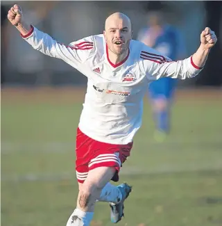  ??  ?? Polonia’s Krystian Kunc enjoys his goal but couldn’t prevent Tayport winning their Dundee Sunday League match 3-2 at Fairmuir.