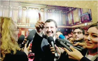  ?? — Reuters File Photo ?? Interior Minister Matteo Salvini speaks to the media at the Senate in Rome.