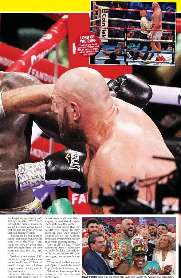  ?? ?? ROAR POWER Tyson Fury celebrates WBC world heavyweigh­t title fight win over Dillian Whyte