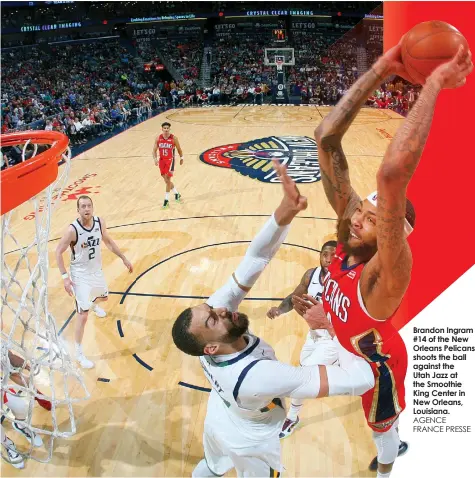  ??  ?? Brandon Ingram #14 of the New Orleans Pelicans shoots the ball against the Utah Jazz at the Smoothie King Center in New Orleans, Louisiana. AGENCE FRANCE PRESSE