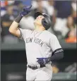  ?? Julio Cortez / Associated Press ?? The Yankees' Gio Urshela gestures after hitting a tworun home run against the Orioles in the sixth inning on Wednesday in Baltimore.