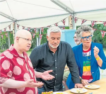  ??  ?? Host Matt Lucas with judges Paul Hollywood and Prue Leith. Below: Baker Rowan.