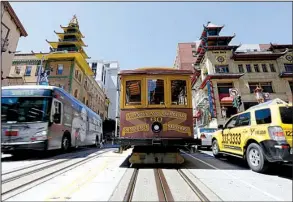  ?? AP/JEFF CHIU ?? A San Francisco cable car sits idle Friday during a power failure caused by a fire at a substation. Some regulated utilities are spending more money on improvemen­ts to their distributi­on grids, a move designed to generate revenue as electricit­y demand...