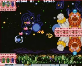  ??  ?? [Arcade] Any notion that Parodius is easier than regular Gradius is thoroughly proven wrong by these clowns in stage 2.