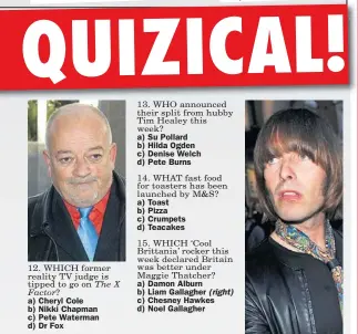  ??  ?? a) Su Pollard b) Hilda Ogden c) Denise Welch d) Pete Burns a) Toast b) Pizza c) Crumpets d) Teacakes