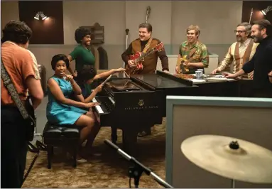  ??  ?? Tommy Cogbill (Henry Riggs), Aretha Franklin (Jennifer Hudson), Carolyn Franklin (Hailey Kilgore), Erma Franklin (Saycon Sengbloh), Jimmy Johnson (Alec Barnes), Chips Moman (John Giorgio), Jerry Wexler (Marc Maron) and Tom Dowd (Joe Knezevich) prepare to make a classic soul record in Muscle Shoals, Ala., in “Respect.”