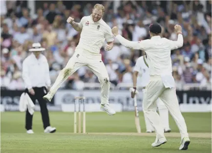  ??  ?? 2 Ben Stokes of England celebrates taking the wicket of South Africa’s Dean Elgar at Trent Bridge yesterday.
