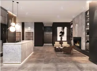  ??  ?? Encore’s lobby features an imported Italian marble reception desk and an elegant seating area with fireplace overlookin­g the building’s Manhattan inspired entrance.