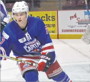  ?? JASON SIMMONDS/JOURNAL PIONEER ?? Summerside D. Alex MacDonald Ford Western Capitals forward Austin Taylor, 7, was named the first star of Thursday night’s MHL (Maritime Junior Hockey League) game against the Pictou County Crushers. The Caps won the contest 5-2.