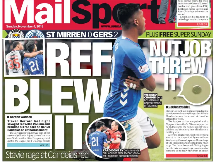  ??  ?? CARD DONE BY Collum sends off Candeias after second yellow for Ferdinand clash (above left)