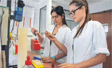  ?? FOTO: LENA MÜSSIGMANN ?? Die beiden kubanische­n Forscherin­nen Claudia Linares Rivero (links) und Geeisy Angela Cid arbeiten im Labor in Bavendorf an natürliche­n Spritzmitt­eln.