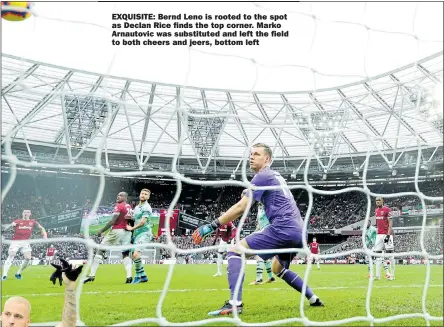  ??  ?? EXQUISITE: Bernd Leno is rooted to the spot as Declan Rice finds the top corner. Marko Arnautovic was substitute­d and left the field to both cheers and jeers, bottom left Peterborou­gh Rochdale