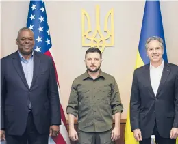  ?? UKRAINIAN PRESIDENTI­AL PRESS OFFICE ?? Secretary of Defense Lloyd Austin, Ukrainian President Volodymyr Zelenskyy and Secretary of State Antony Blinken gather Sunday in Kyiv, Ukraine.