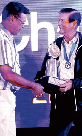  ?? EDWIN BELLOSILLO ?? MANILA Golf Club’s Alex Prieto receives the third place trophy from Rene Aviles, PAL Bacolod head. MGC rallied to place third in its debut in the Championsh­ip division, nipping Orchard by a point with a 536 total. MGC matched its second-round total of...