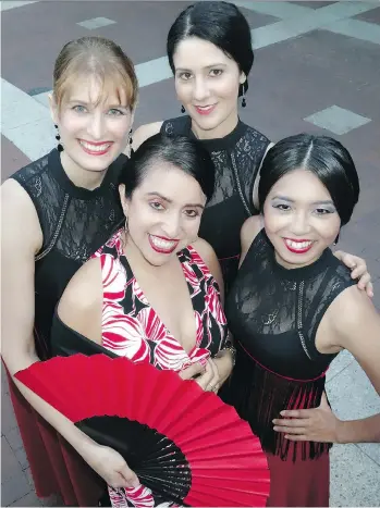  ?? PHOTOS: MALCOLM PARRY ?? Flamenco Rosario dancers Michelle Zaharik, Sula Boxall and Yurie Kaneko ring Latincouve­r founder Paola Murillo during her Latin American Week flamenco and tango soirée.