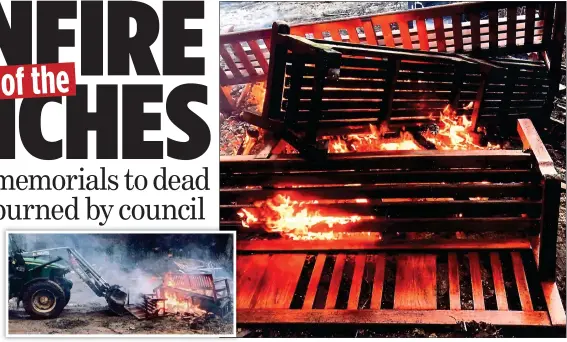  ??  ?? ‘contempt’: destroyed: Around 70 benches from Edinburgh’s West Princes Street Gardens were burned Piled up at a depot, then shovelled and torched