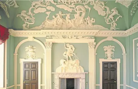  ??  ?? Plasterwor­k at House of Dun; the 18th Century mansion near Montrose, below left; and Caroline Graham-watson and Jason Robertson of the National Trust for Scotland busy at the property ahead of its reopening in June, below right.