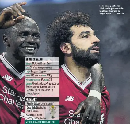  ?? FOTO: EFE ?? Sadio Mané y Mohamed Salah son los puñales en las bandas del Liverpool de Jürgen Klopp
