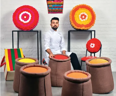  ?? Photograph by CHANDRADEE­P KUMAR ?? INDIA INSPIRED Parth Parikh with his designs (above); the Gathri Stool (right)