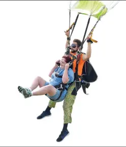  ?? NWA Democrat-Gazette/BEN GOFF @NWABENGOFF ?? Patricia Bogle of Pea Ridge lands with tandem instructor Brandon Cawood last August during the sixth annual “Sky Dive For Kids” at Skydive Skyranch in Siloam Springs. The event was the culminatio­n of a fundraisin­g campaign for the Children’s Advocacy...