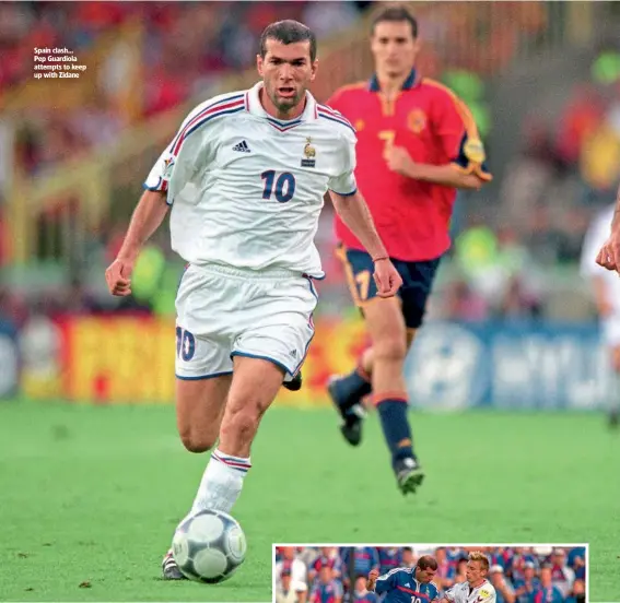  ??  ?? Spain clash… Pep Guardiola attempts to keep up with Zidane