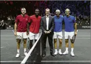  ?? FOTOS: GETTY ?? un doble con mucha simbología en el último partido oficial del suizo. Jugaron por el Team Europa de la Laver Cup, con Jack Sock y Frances Tiafoe de rivales y el sueco Stefan Edberg de mano inocente