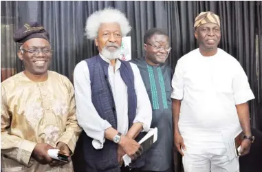  ??  ?? From left: Senior Advocate of Nigeria, Femi Falana; Author of the Book, Prof. Wole Soyinka; Managing Director, PM News, Mr. Kunle Ajibade; and Chairman, Editorial Board of Nation Newspapers, Mr. Sam Omatseye, during the launch of the book titled...