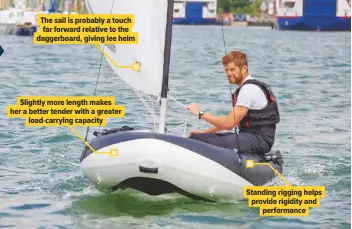  ??  ?? The sail is probably a touch far forward relative to the daggerboar­d, giving lee helm Slightly more length makes her a better tender with a greater load-carrying capacity Standing rigging helps provide rigidity and performanc­e