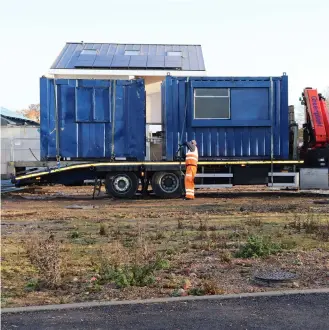  ??  ?? Above: The site huts arrive at the Build It Education House – learn more about this access-all-areas project at www. buildit.co.uk/ ourhouse