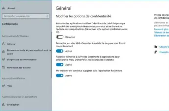  ??  ?? ▲ Une fois Windows installé, on peut ajuster les paramètres de confidenti­alité dans les Paramètres. Ajuster, mais la télémétrie n’est pas totalement désactivab­le.