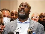  ?? JOHN MINCHILLO/ASSOCIATED PRESS PHOTOS ?? George Floyd’s brothers Philonise Floyd (left) and Rodney Floyd (right) are emotional as each of them speaks during a news conference Tuesday after the verdict in the trial of former Minneapoli­s police Officer Derek Chauvin in Minneapoli­s.