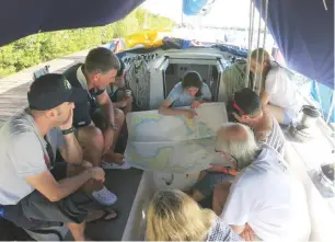  ??  ?? Above left: studying the charts in preparatio­n for a crossing of the Yucatán Channel between Mexico and CubaAbove right: azure waters and Hummingbir­d under sail off Cancun