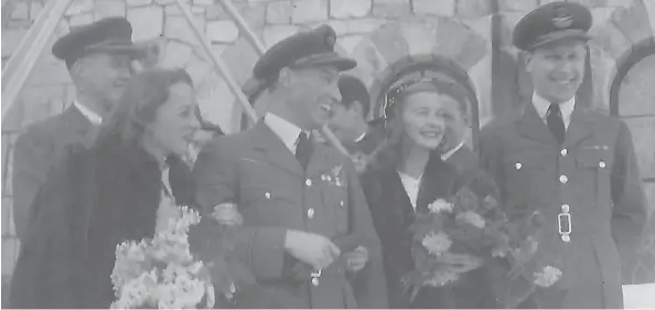  ?? PHOTOS: HUBERT BROOKS PRIVATE COLLECTION ?? Wedding day photo from St. Moritz, Switzerlan­d, on Feb. 9, 1948. From left, bride Birthe (Bea) Brooks, groom Hubert Brooks, maid of honour Barbara Ann Scott and best man Dr. Alexander “Sandy” Watson.