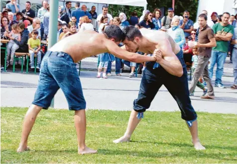  ?? Foto: Sabine Roth ?? Die türkische Nationalsp­ortart Ölringen war die große Attraktion beim internatio­nalen Freundscha­ftstag in Friedberg. Über 300 Gäste kamen.